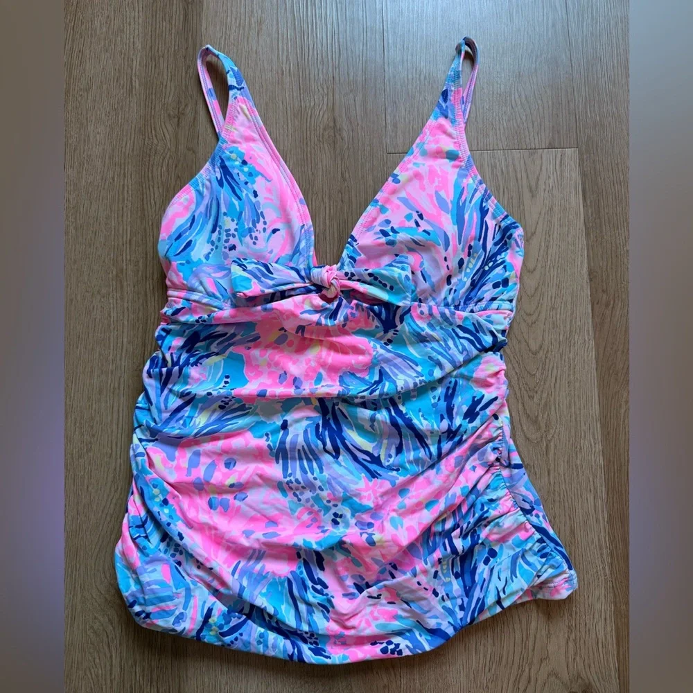 Lilly Pulitzer Pink Blue Floral Beachy Tankini Swimsuit 6 Adjustable Straps - Picture 5 of 7